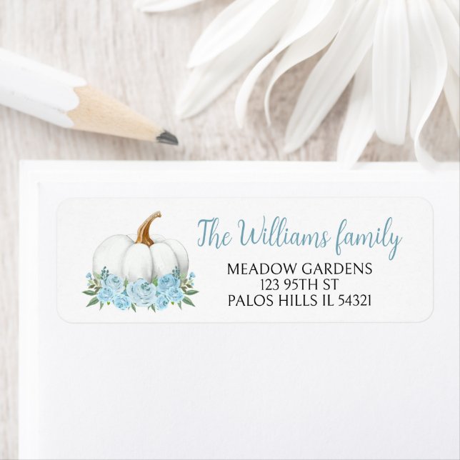 Blue little pumpkin baby boy shower return address label (Insitu)