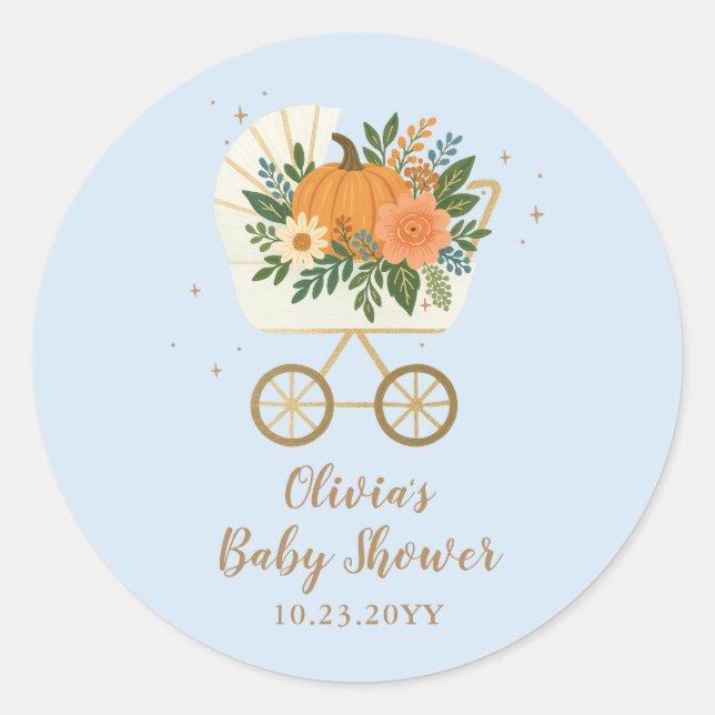 Blue Little Pumpkin Baby Shower Round Sticker Fall (Front)