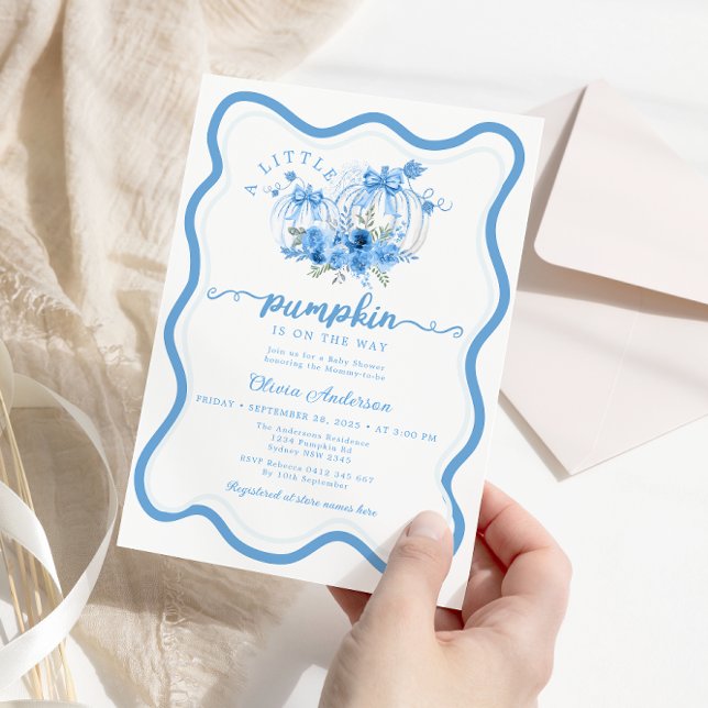 Blue Little Pumpkin Bow Wave Frame Baby Shower Invitation (Creator Uploaded)