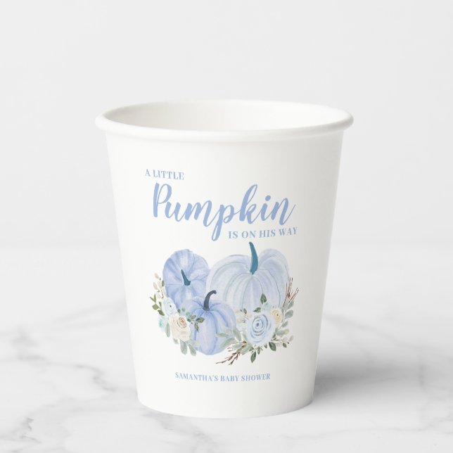 Blue Little Pumpkin Boy Baby Shower Paper Cups (Front)
