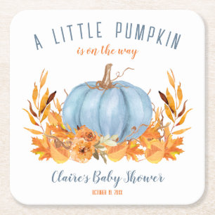 Blue Little Pumpkin Fall Boy Baby Shower Square Paper Coaster