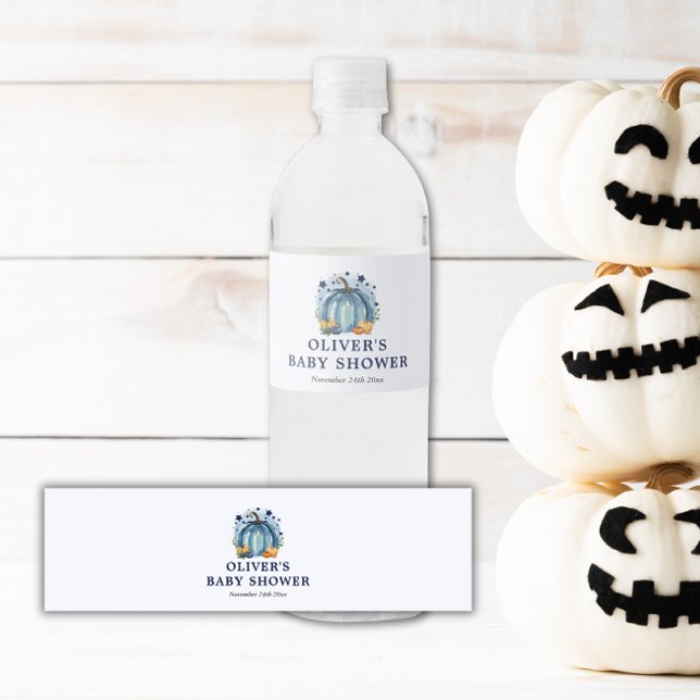 Blue Little Pumpkin Fall Boy Baby Shower Water Bottle Label (blue pumpkin boy baby shower water bottle label)
