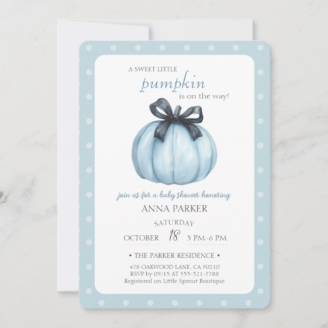 Blue Little Pumpkin Polka Dots Baby Shower Invitation (Front)