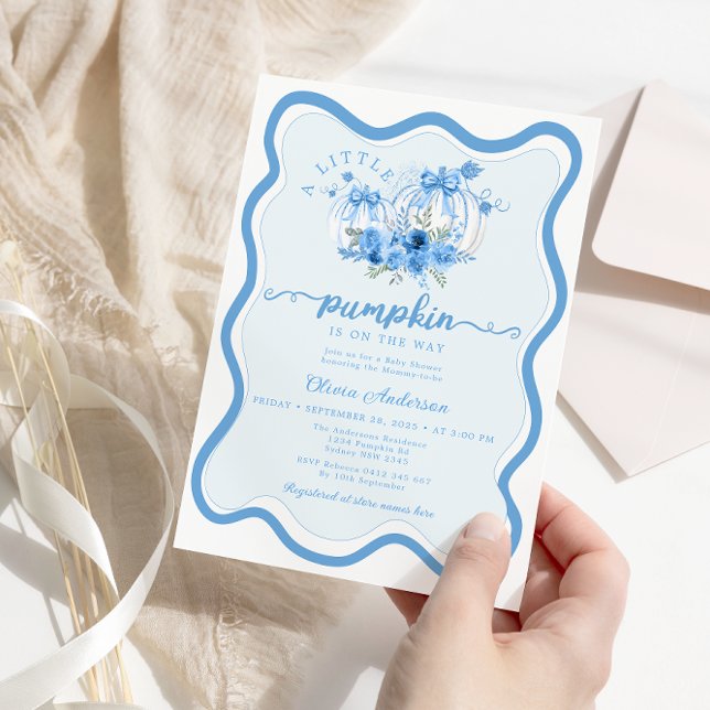 Blue Little Pumpkin Wave Frame Bow Baby Shower Invitation (Creator Uploaded)
