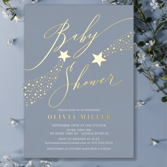 Blue Little Star Baby Shower Foil Invitation (Creator Uploaded)