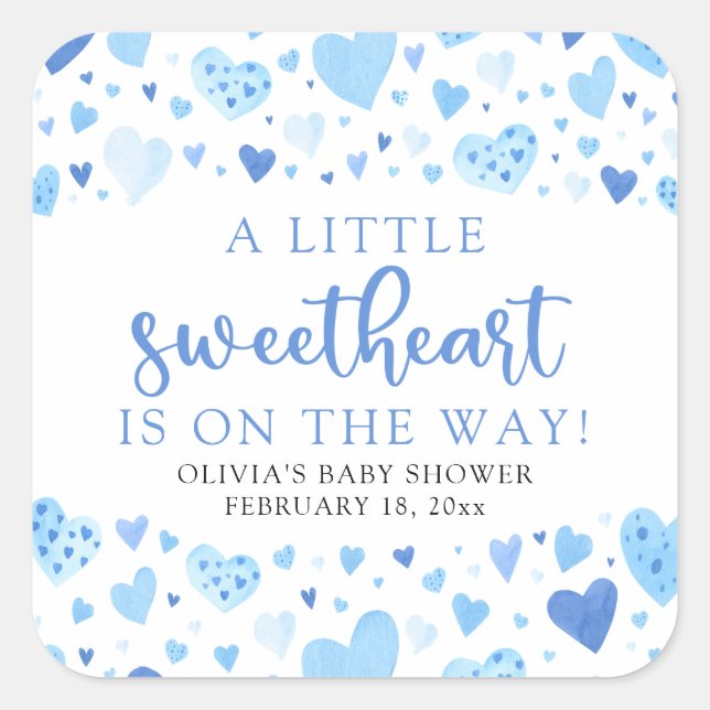 Blue Little Sweetheart Valentine's Day Baby Shower Square Sticker (Front)