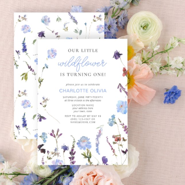Blue Little Wildflower Watercolor 1st Birthday Invitation (1st Birthday Invitation)