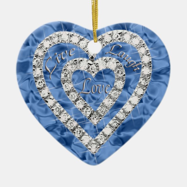 Blue Live Laugh Love Diamond Heart Ornament (Front)