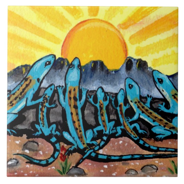 Blue Lizards & Sunrise Southwestern Tile Trivet 6" (Front)
