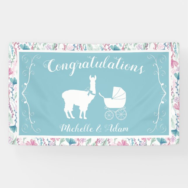 Blue Llama Boy Baby Shower Banner (Horizontal)