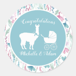 Blue Llama Boy Baby Shower Classic Round Sticker