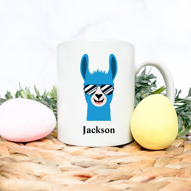 Blue Llama Sunglasses Boy Personalise Name Coffee Mug (Creator Uploaded)