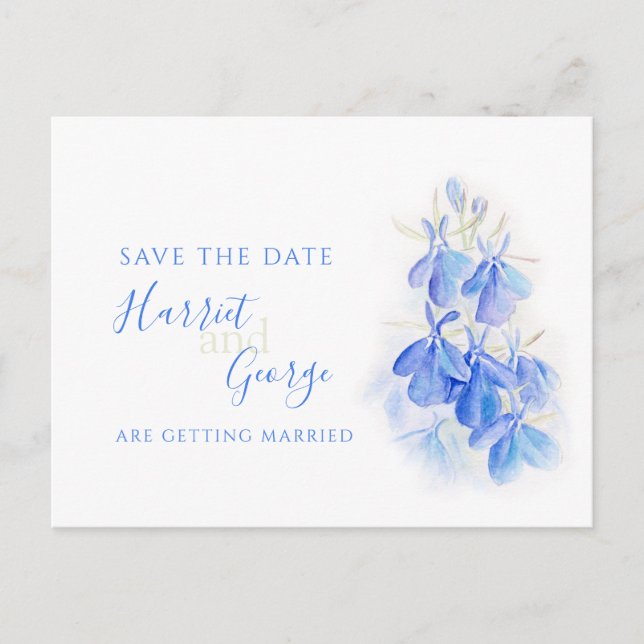 Blue lobelia watercolor art save the date announcement postcard (Front)