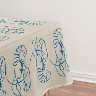 Blue Lobster Line Drawing On Sandy Beach Tan Color Tablecloth