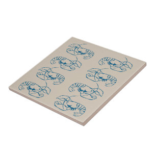 Blue Lobster Line Drawing On Sandy Beach Tan Colou Ceramic Tile