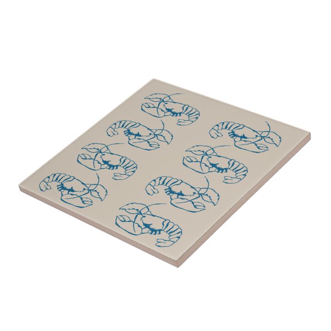 Blue Lobster Line Drawing On Sandy Beach Tan Colou Ceramic Tile (Side)