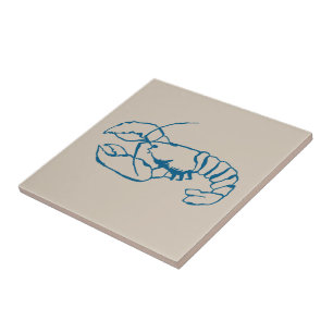 Blue Lobster Line Drawing On Sandy Beach Tan Colou Ceramic Tile