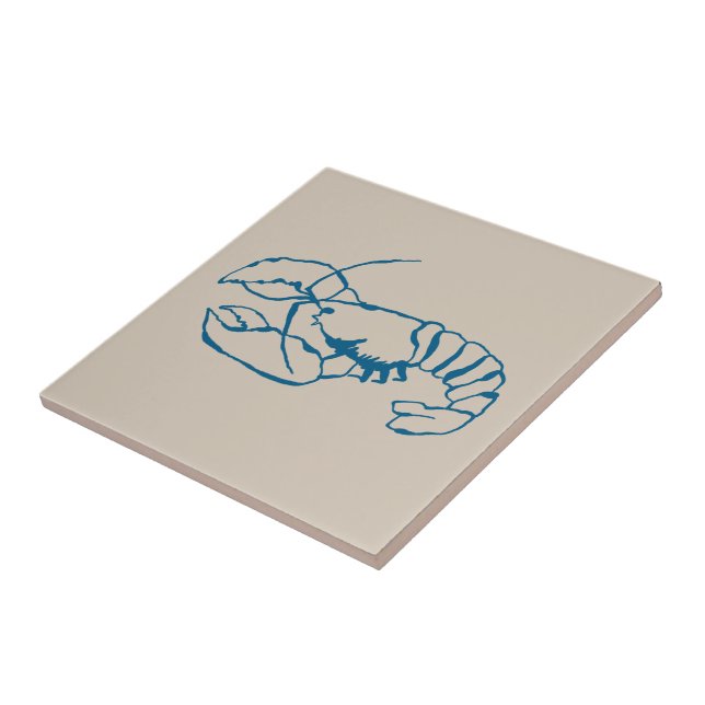 Blue Lobster Line Drawing On Sandy Beach Tan Colou Ceramic Tile (Side)