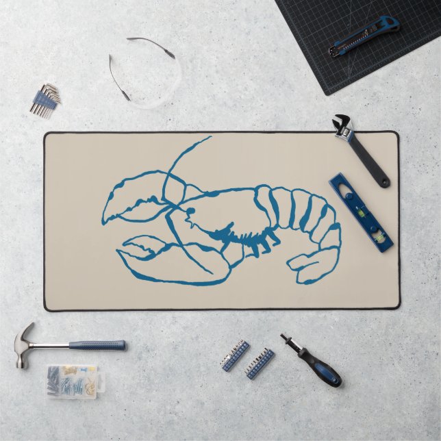 Blue Lobster Line Drawing On Sandy Beach Tan Colou Desk Mat (Workstation)