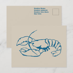 Blue Lobster Line Drawing On Sandy Beach Tan Colou Postcard