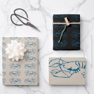 Blue Lobster Line Drawing On Sandy Beach Tan Colou Wrapping Paper Sheet