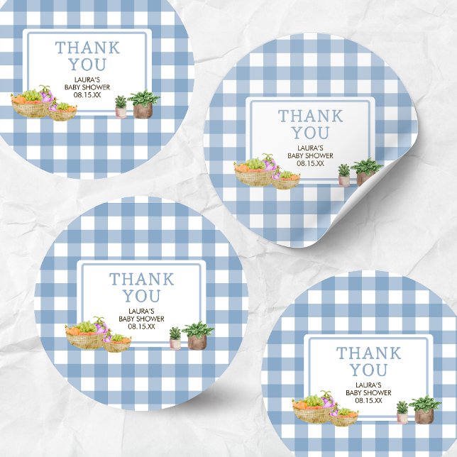 Blue Locally Grown Farmers Market Baby Shower Classic Round Sticker (Blue Farmers Market Locally Grown Baby Shower Round Sticker)