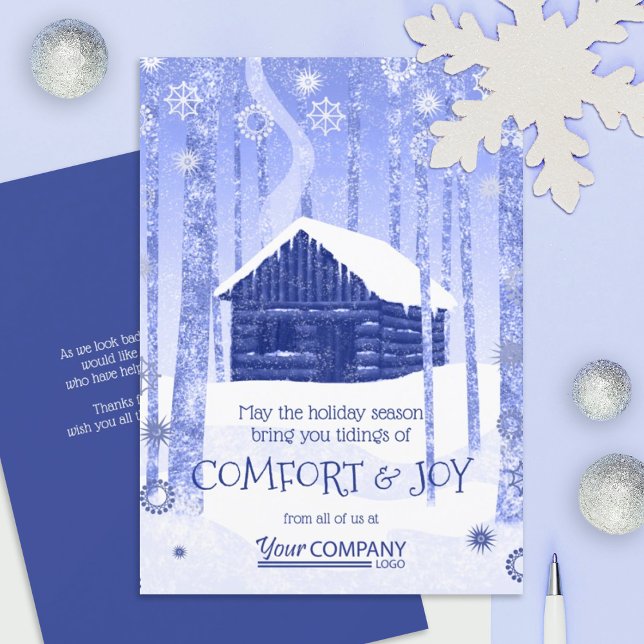 Blue Log Cabin Business Holiday Cards (blue company Christmas greeting cards for clients & employees, blue business logo holiday cards)