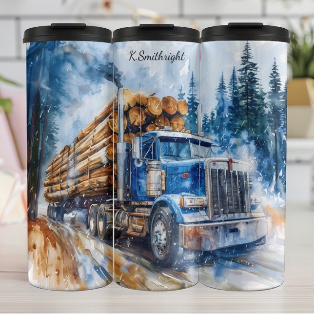 Blue Log Truck Snowy Forest Thermal Tumbler (Creator Uploaded)