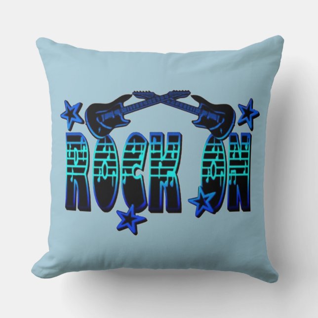Blue Logo Rock On Guitars & Stars Throw Pillow (Front)