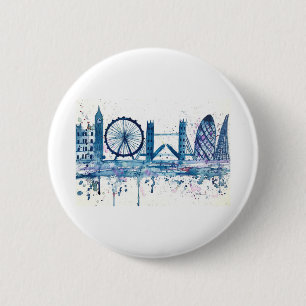Blue London skyline England watercolor modern 6 Cm Round Badge