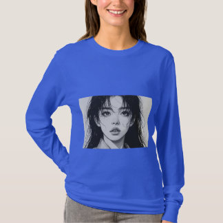 Blue Long Sleeve T-Shirt with Black and White Art