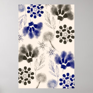 Blue Lotus Floral Drawing Poster