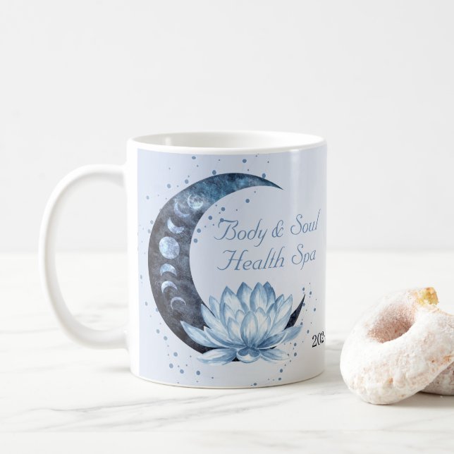 Blue Lotus Flower Moon Business Name Coffee Mug (With Donut)