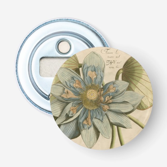 Blue Lotus Flower on Tan Background with Writing Bottle Opener (Front)