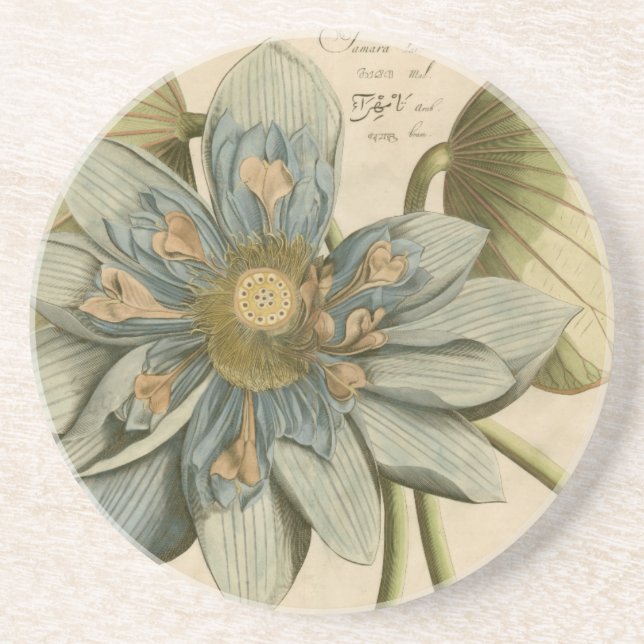 Blue Lotus Flower on Tan Background with Writing Coaster (Front)