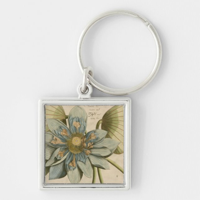 Blue Lotus Flower on Tan Background with Writing Key Ring (Front)