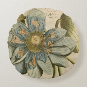 Blue Lotus Flower on Tan Background with Writing Round Cushion