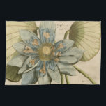 Blue Lotus Flower on Tan Background with Writing Tea Towel<br><div class="desc">A beautiful blue lotus flower in full bloom is the focus of this piece. The yellow centre is almost hypnotising in its glory. Add a little elegance to your home with this print!</div>