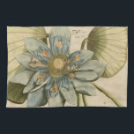 Blue Lotus Flower on Tan Background with Writing Tea Towel<br><div class="desc">A beautiful blue lotus flower in full bloom is the focus of this piece. The yellow centre is almost hypnotising in its glory. Add a little elegance to your home with this print!</div>