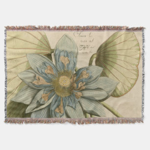 Blue Lotus Flower on Tan Background with Writing Throw Blanket