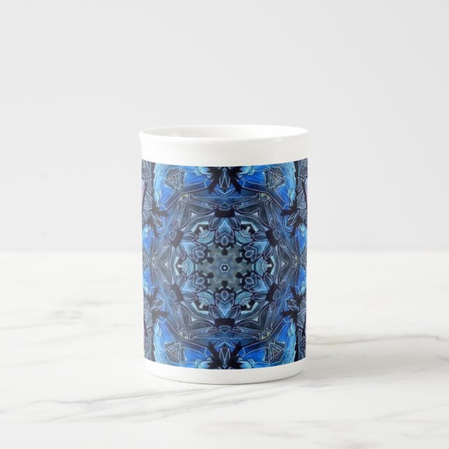 Blue Lotus Mirror Mandala Art - Bone China Mug (Front)