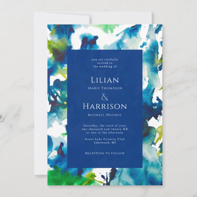 Blue Love Abstract Watercolor Wedding Invitation (Front)