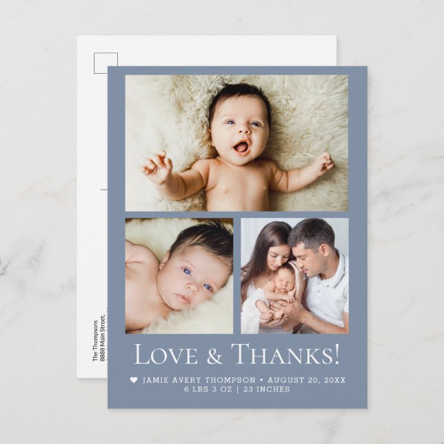 Blue Love and Thanks Baby Photo Birth announcement Postcard (Front/Back)