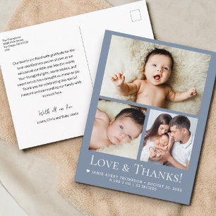 Blue Love and Thanks Baby Photo Birth announcement Postcard