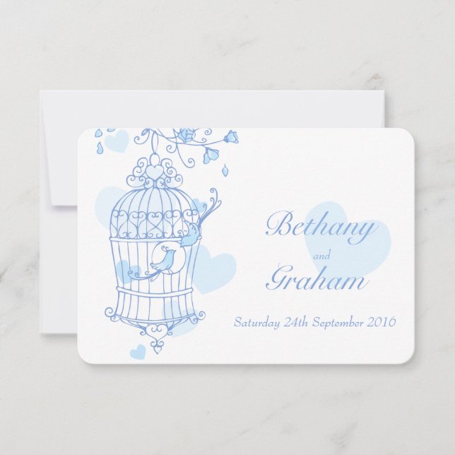 Blue love birds open cage wedding invitation (Front)