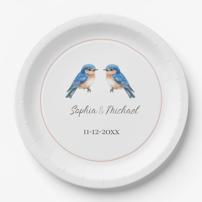 Blue Love Birds Wedding Paper Plate (Front)