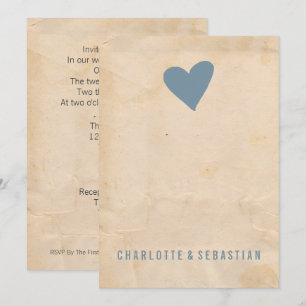 Blue Love Heart Modern Simple Contemporary Wedding Invitation