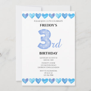 Blue Love Hearts 3rd Birthday Photo Invitation