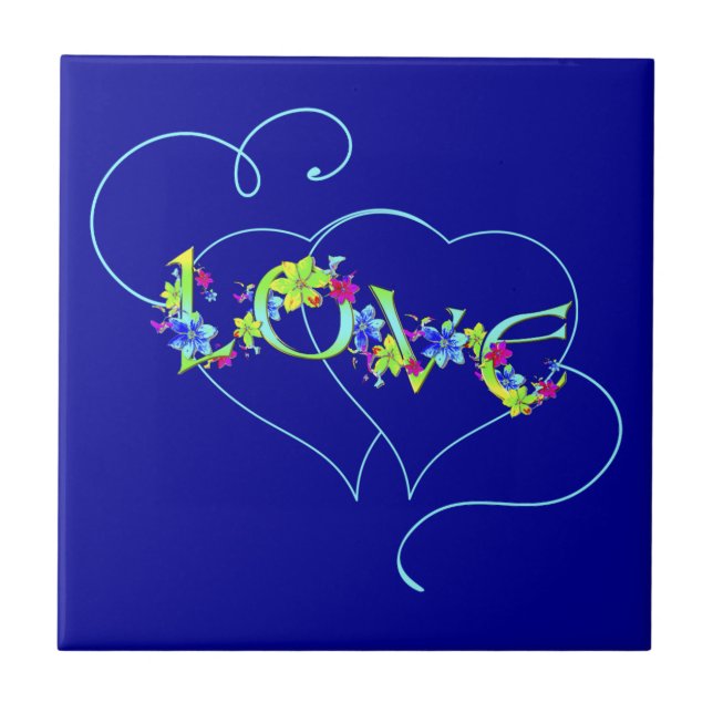 Blue Love Hearts and Flowers Tile (Front)