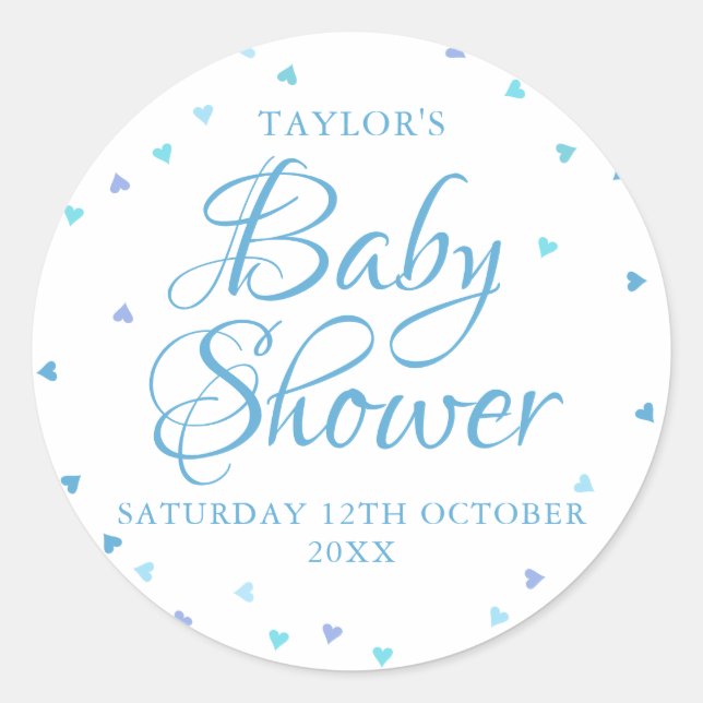 Blue Love Hearts Baby Boy shower / Sprinkle Classic Round Sticker (Front)